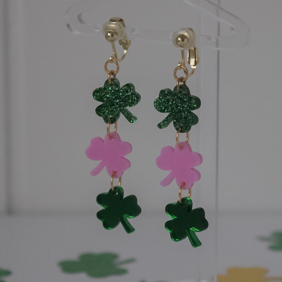 Pink/Green shamrock earrings (clip or stud)