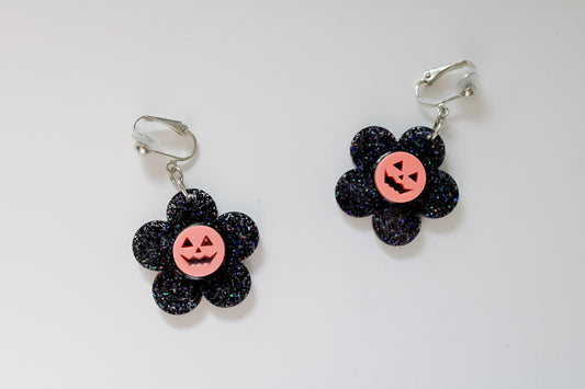 Black glitter floral pumpkin earrings